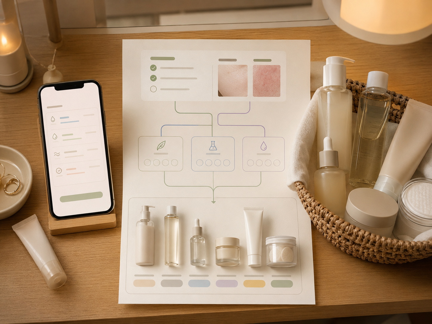 Cosmetic product basket example showing skin-signal based recommendation matching